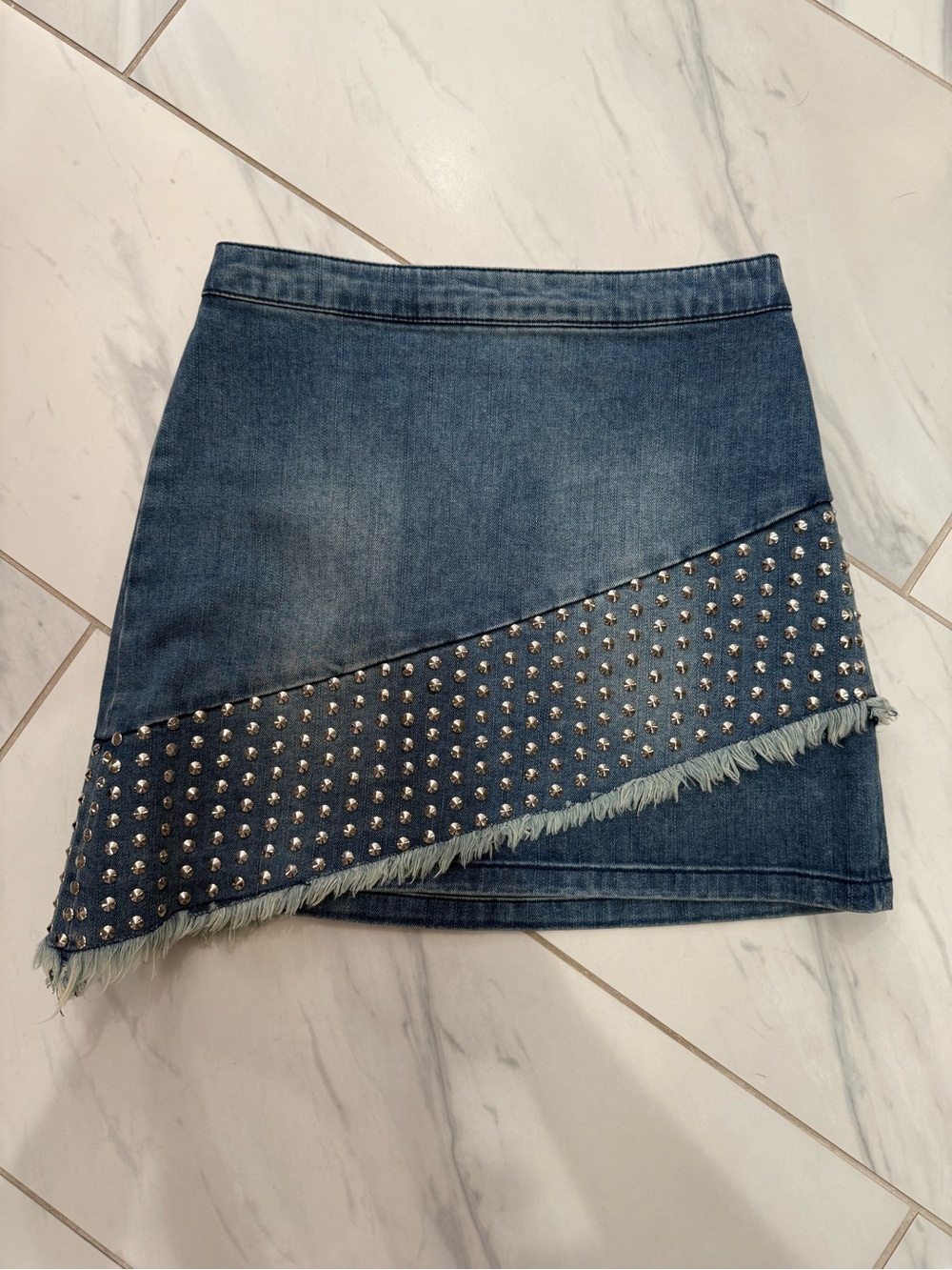 Alice + Olivia Denim Mini Skirt with Studded Diagonal Trim